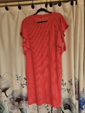 Women's Bright Pink Ruffle-Sleeve Midi Dress - Casual Shift New
